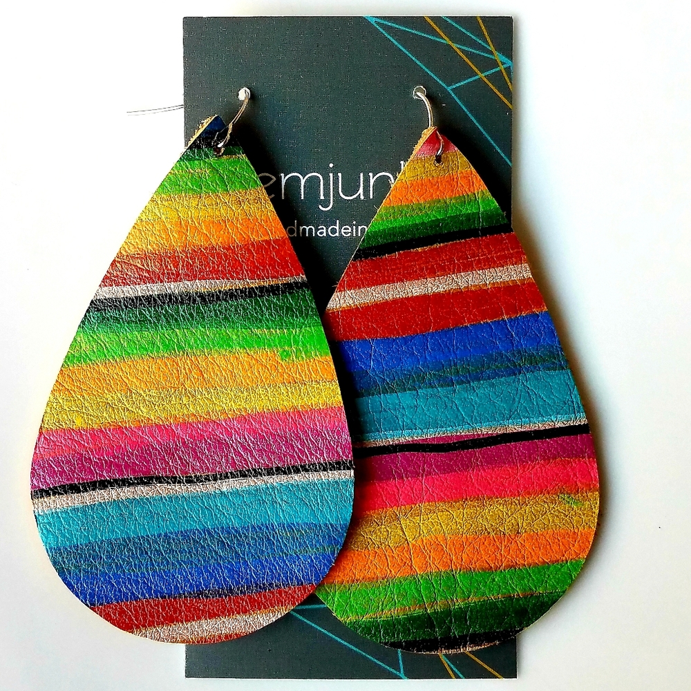 Serape Stripe Earrings Handmade Leather Jewelry - Picture 6 of 9